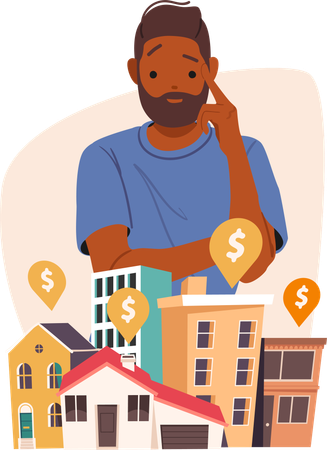 Thoughtful man searching house on real estate market  Illustration