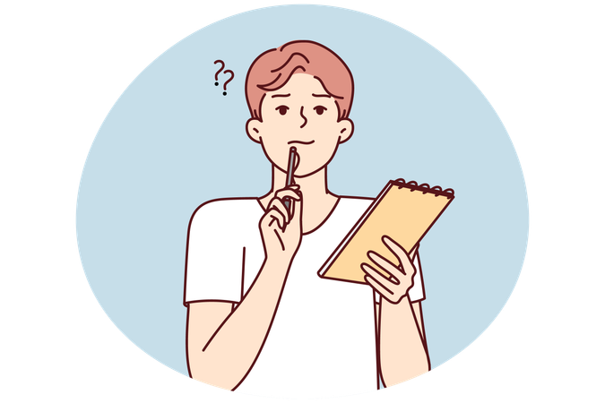 Thoughtful man with notebook puts pen to face while thinking about difficult task  Illustration