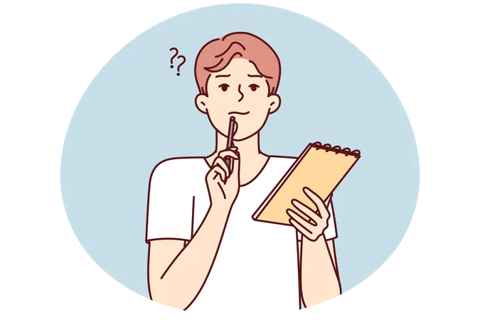 Thoughtful man with notebook puts pen to face while thinking about difficult task  Illustration