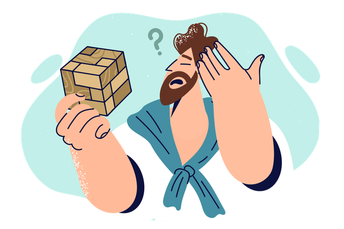 Thoughtful man with wooden puzzle scratches head trying to solve difficult problem  Illustration