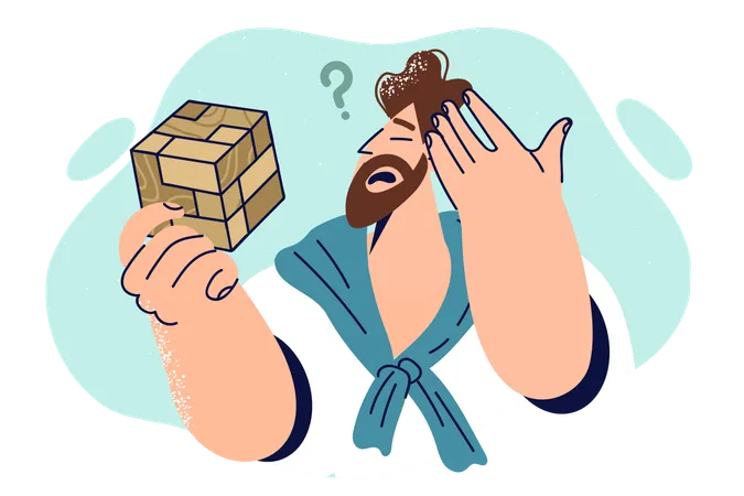 Thoughtful man with wooden puzzle scratches head trying to solve difficult problem  Illustration