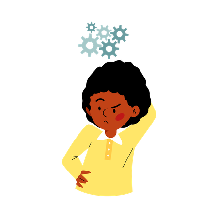 Thoughtful mindful child with gears over head  Illustration