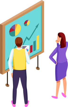 3 D Isometric Vector Illustration Office Workers Looking At Board With Growing Graphics And Pie Charts Guy Holding Papers With Financial Plan In Hand People Analysing Statistic Strategy Analytics Illustration