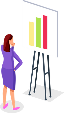 Thoughtful woman looking at board with growing graph  Illustration
