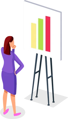 Thoughtful woman looking at board with growing graph  Illustration