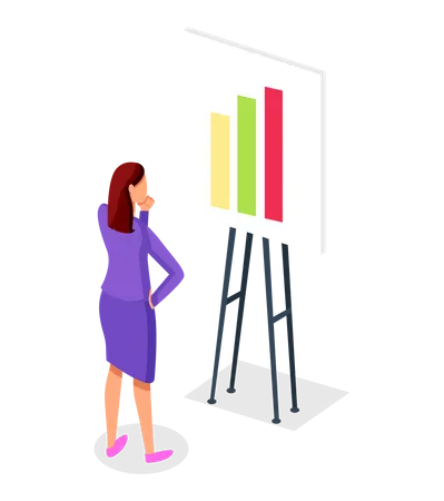 3 D Isometric Vector Illustration Office Worker Thinking Looking At Board With Growing Graphics Thoughtful Businesswoman Wearing Violet Office Suit Analysing Statistic Strategy Analytics Illustration
