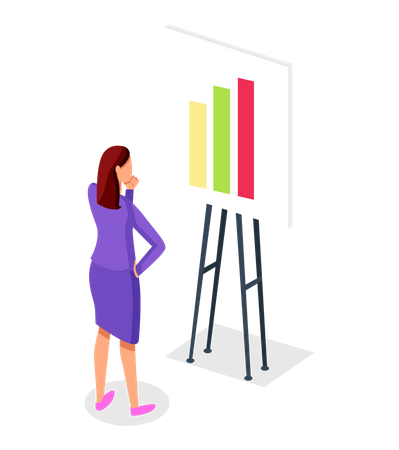 Thoughtful Woman Looking At Board With Growing Graph  Illustration