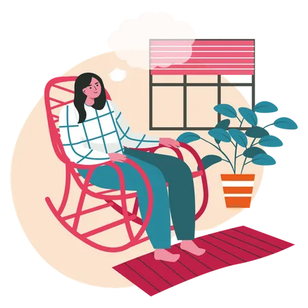 Dreaming People Scene Concept Woman Sitting In Rocking Chair And Thinking With Empty Bubble Over Head Imagination And Daydreaming People Activities Vector Illustration Of Characters In Flat Design Illustration