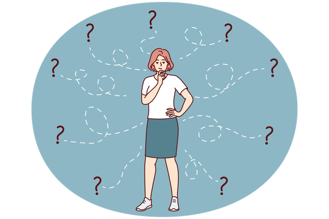 Thoughtful woman solves business problem and scratches chin standing among question  Illustration