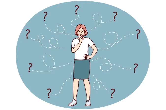 Thoughtful woman solves business problem and scratches chin standing among question  Illustration