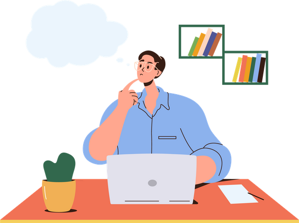 Thoughtful worried business man sitting front of laptop at home office  イラスト