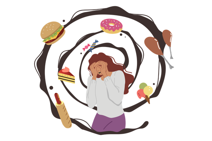 Thoughts about food cause fear and panic in woman with psychological disorder  Illustration