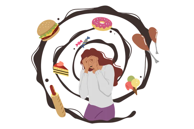 Thoughts about food cause fear and panic in woman with psychological disorder  Illustration