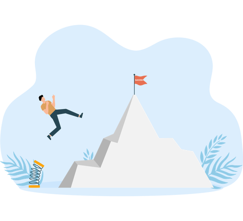 Three businessmen are competing to climbing up the mountain with ropes and stairs red for business success  Illustration