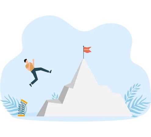 Three businessmen are competing to climbing up the mountain with ropes and stairs red for business success  Illustration