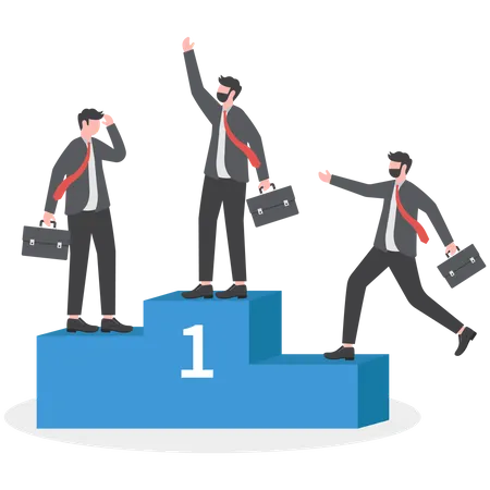 Three Businessmen Proudly Standing On Competition Winner Platform Business Competition Concept Illustration