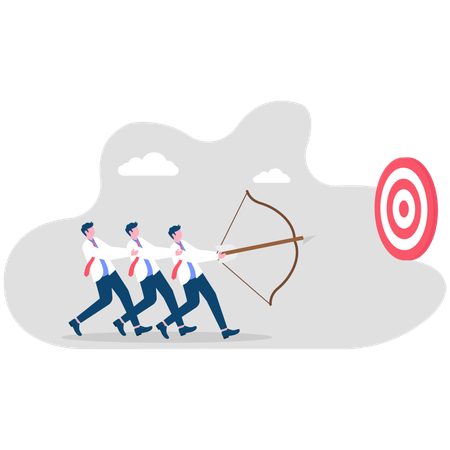 Three businessmen pulling apart bow and arrow and fixing business goal  Illustration