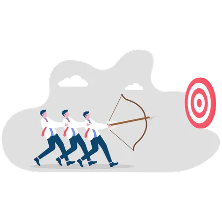 Three businessmen pulling apart bow and arrow and fixing business goal  Illustration