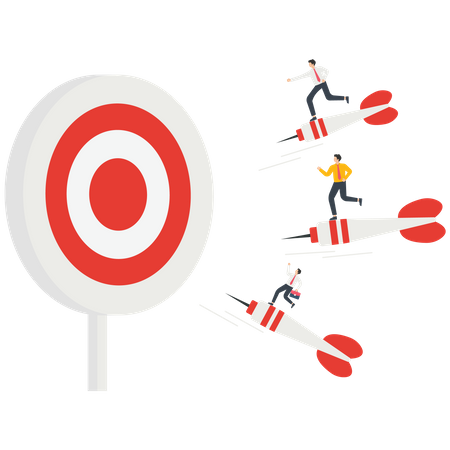Three businessmen stand on darts and fly together to the bullseye  Illustration