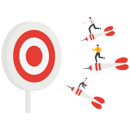 Three businessmen stand on darts and fly together to the bullseye  Illustration