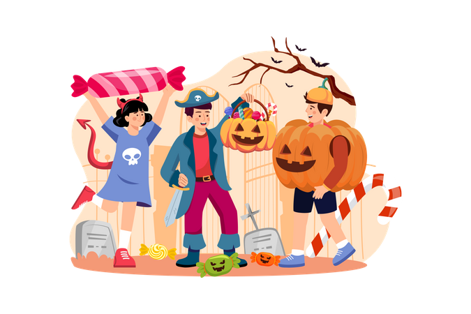 Three Children Dressed With Pumpkins  Illustration