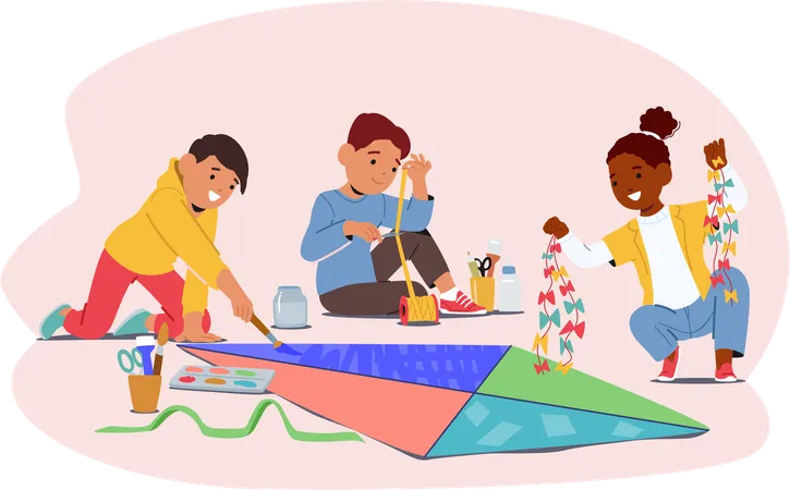 Three Children Making paper Kite  Illustration