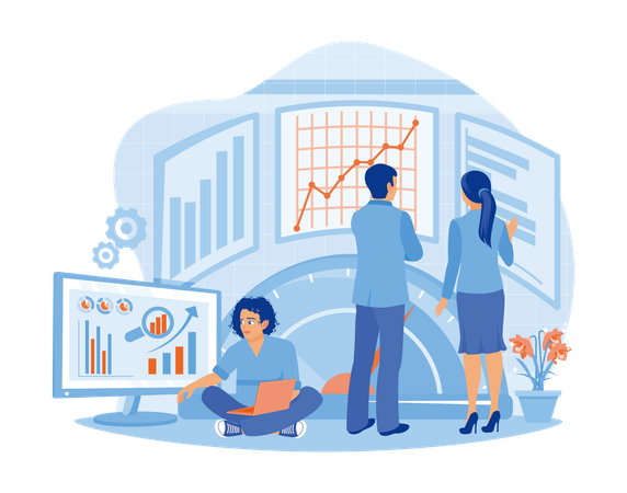 Three Company Employees Compare Test And Analyze Company Business Charts  Illustration