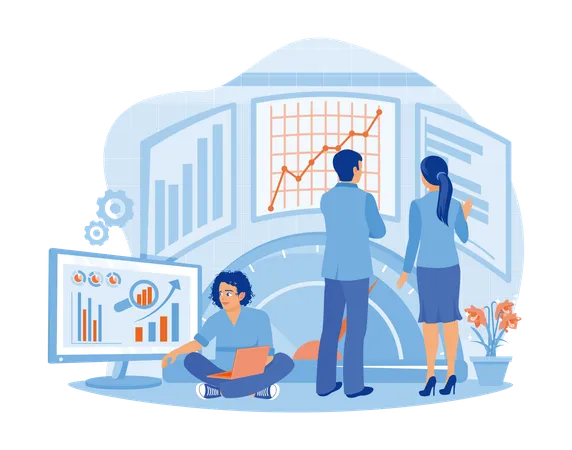 Three Company Employees Compare Test And Analyze Company Business Charts  Illustration