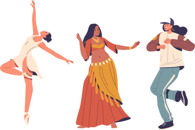 Three Dancers Performing Different Dance Styles  Illustration