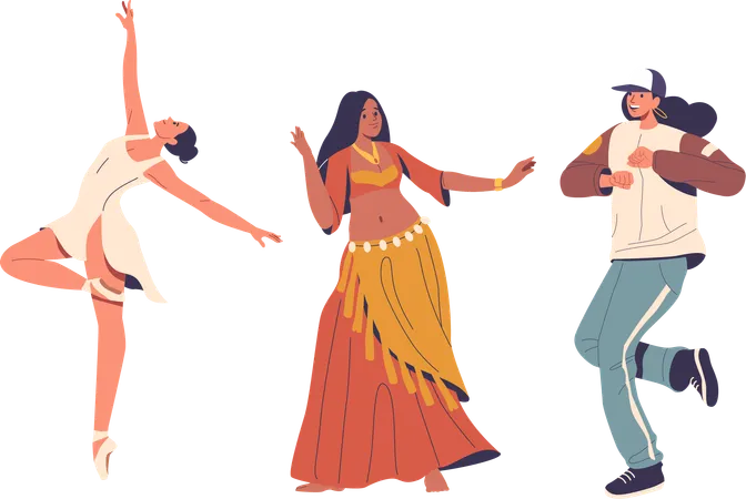 Three Dancers Performing Different Dance Styles  Illustration