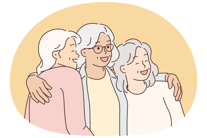 Three elderly women laugh and hug for first time having met after long separation  Illustration