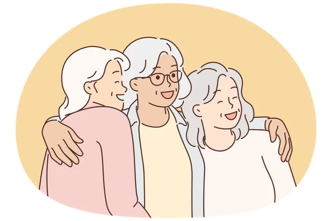 Three elderly women laugh and hug for first time having met after long separation  Illustration