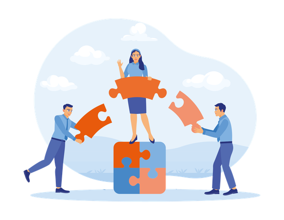 Three employees connect puzzle and symbolizing work statistics  Illustration