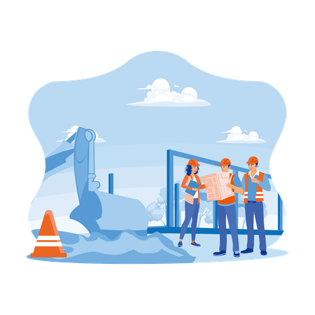 Three Experts At Construction Project Site. They Discuss And Plan Detailed Development Plans. Experts Inspect Commercial Building Construction Site  Illustration
