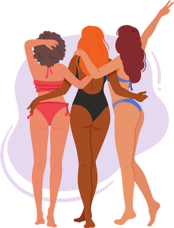 Three Female Friends In Swimsuits Standing Together On Beach  Illustration
