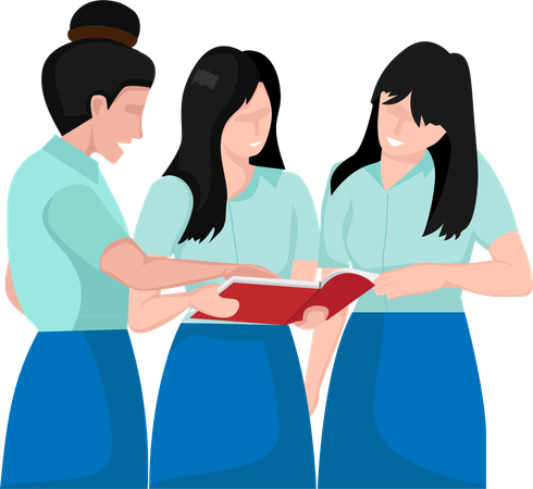 Three female students read books together There is a discussion about the contents of the book  Illustration