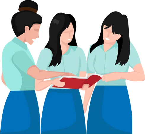 Three Female Students Read Books Together There Is A Discussion About The Contents Of The Book Vector Illustration Illustration