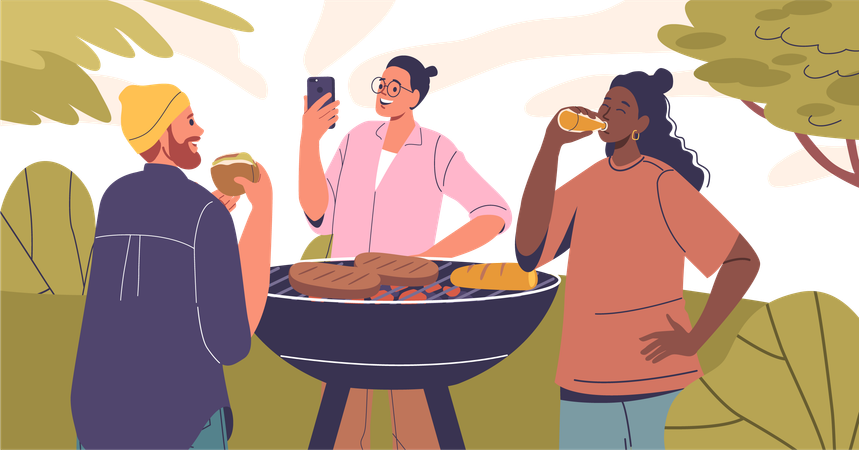 Three friends enjoying barbecue party in garden  Illustration