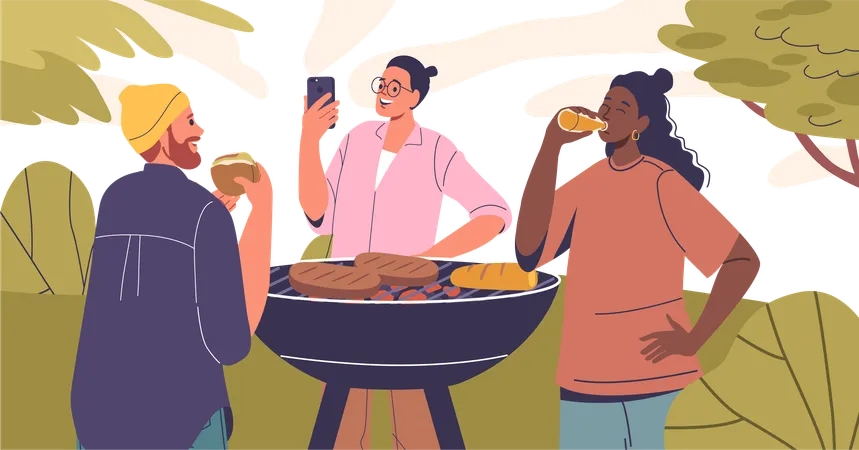 Three friends enjoying barbecue party in garden  Illustration