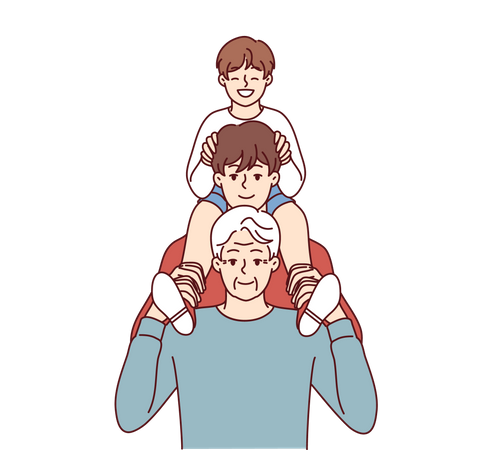 Three generation posing for photo  イラスト