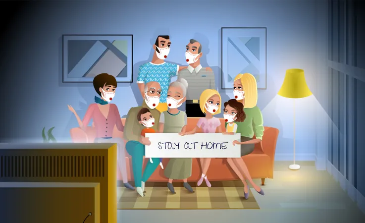 Quarantined Family Stay At Home During Pandemic Three Generations Family Talking And Spending Together While Sitting On Coach In Living Room Large Happy Family Gathered Together At Home In Evening Illustration