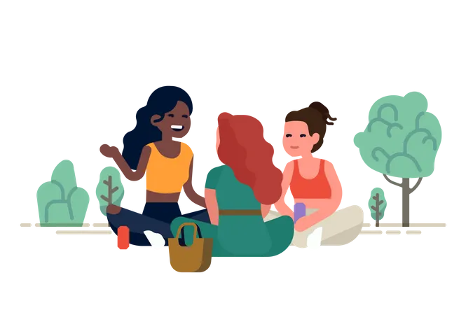 Three girl friends having a picnic in a park sitting around talking to each other  Illustration