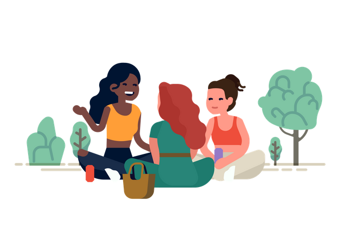 Three girl friends having a picnic in a park sitting around talking to each other  Illustration