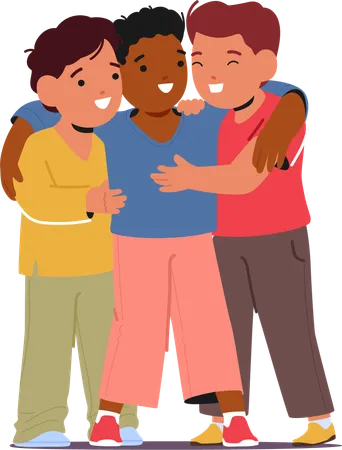 Three Inseparable Boy Characters Bound By Friendship Warmth Share A Heartfelt Hug Laughter Echoes In Their Embrace Sealing A Bond That Time Cant Unravel Cartoon People Vector Illustration Illustration
