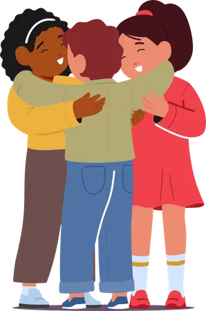 Three Inseparable Kid Characters Embrace In Heartwarming Hug Their Laughter Echoing Bonds Of Friendship Woven In Innocence Creating Memories That Last A Lifetime Cartoon People Vector Illustration Illustration