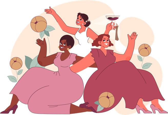 Three jubilant bridesmaids celebrating bride party  Illustration