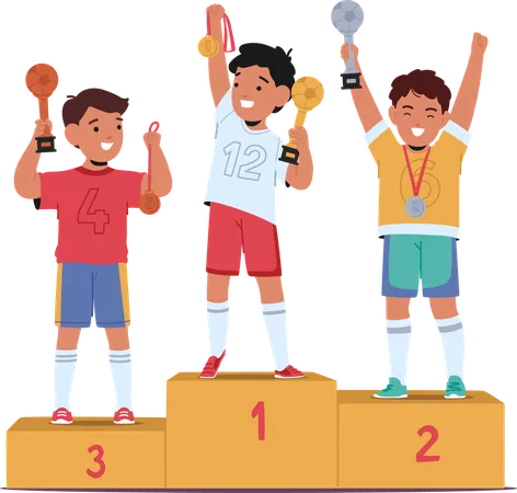 喜びにあふれた3人の若きサッカー選手が優勝表彰台に立つ  イラスト