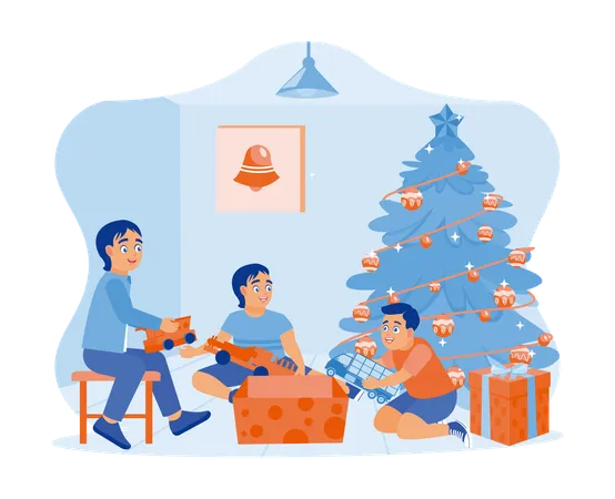 Three little children opening Christmas presents together under the Christmas tree  Ilustração
