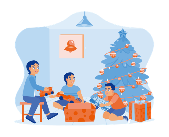 Three little children opening Christmas presents together under the Christmas tree  Illustration