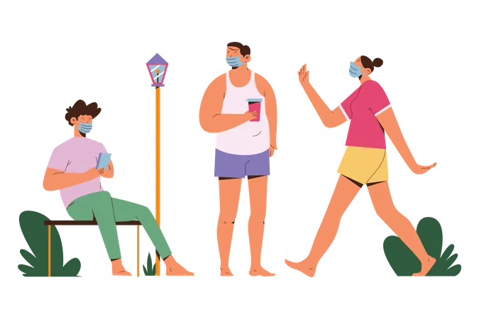 Three People Gather Wearing Masks  Illustration